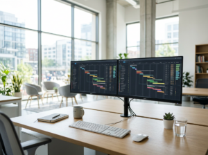 In einem modernen Büro mit großen Fenstern und natürlichem Licht steht ein aufgeräumter Schreibtisch mit einem gebogenen Doppelmonitor, auf dem bunte Projektmanagementdiagramme, eine Tastatur, ein Notebook, eine Kaffeetasse, eine Topfpflanze und ein Glas Wasser zu sehen sind.