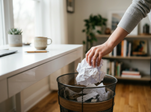 Die Hand einer Person, die ein zerknittertes Stück Papier in einen Drahtkorb neben einem Schreibtisch in einem hellen, modernen Heimbüro mit Pflanzen, Bücherregalen und einer Kaffeetasse im Hintergrund wirft.