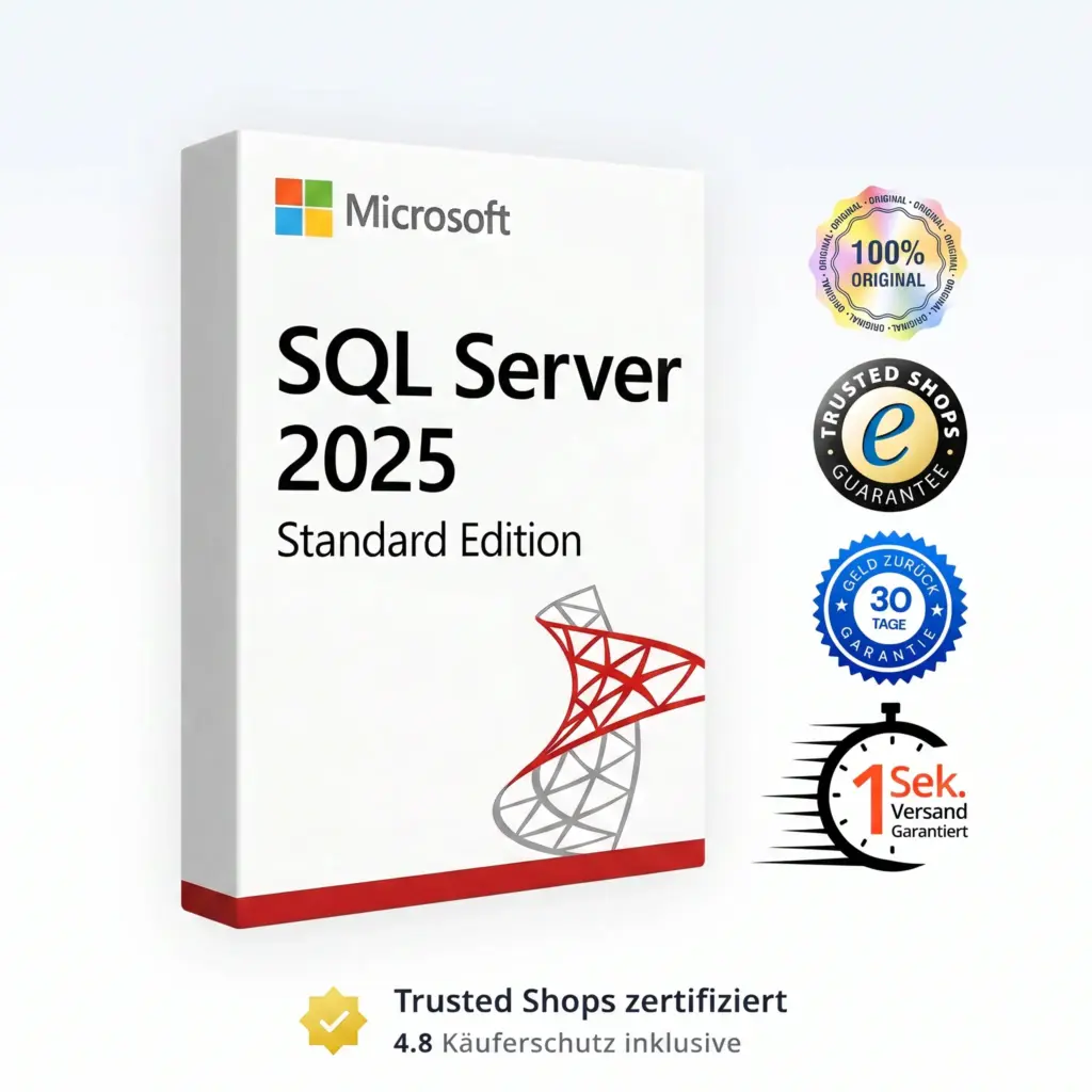 Eine SQL SERVER 2025 STANDARD Software-Box mit dem Windows Server 2025 Standard-Logo, mit den Aufklebern: 100% Original, Trusted Shops Garantie, 30 Tage Geld zurück Garantie, und 1 Sek. Versand Garantiert.