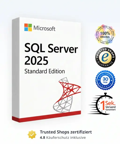 Eine SQL SERVER 2025 STANDARD Software-Box mit dem Windows Server 2025 Standard-Logo, mit den Aufklebern: 100% Original, Trusted Shops Garantie, 30 Tage Geld zurück Garantie, und 1 Sek. Versand Garantiert.