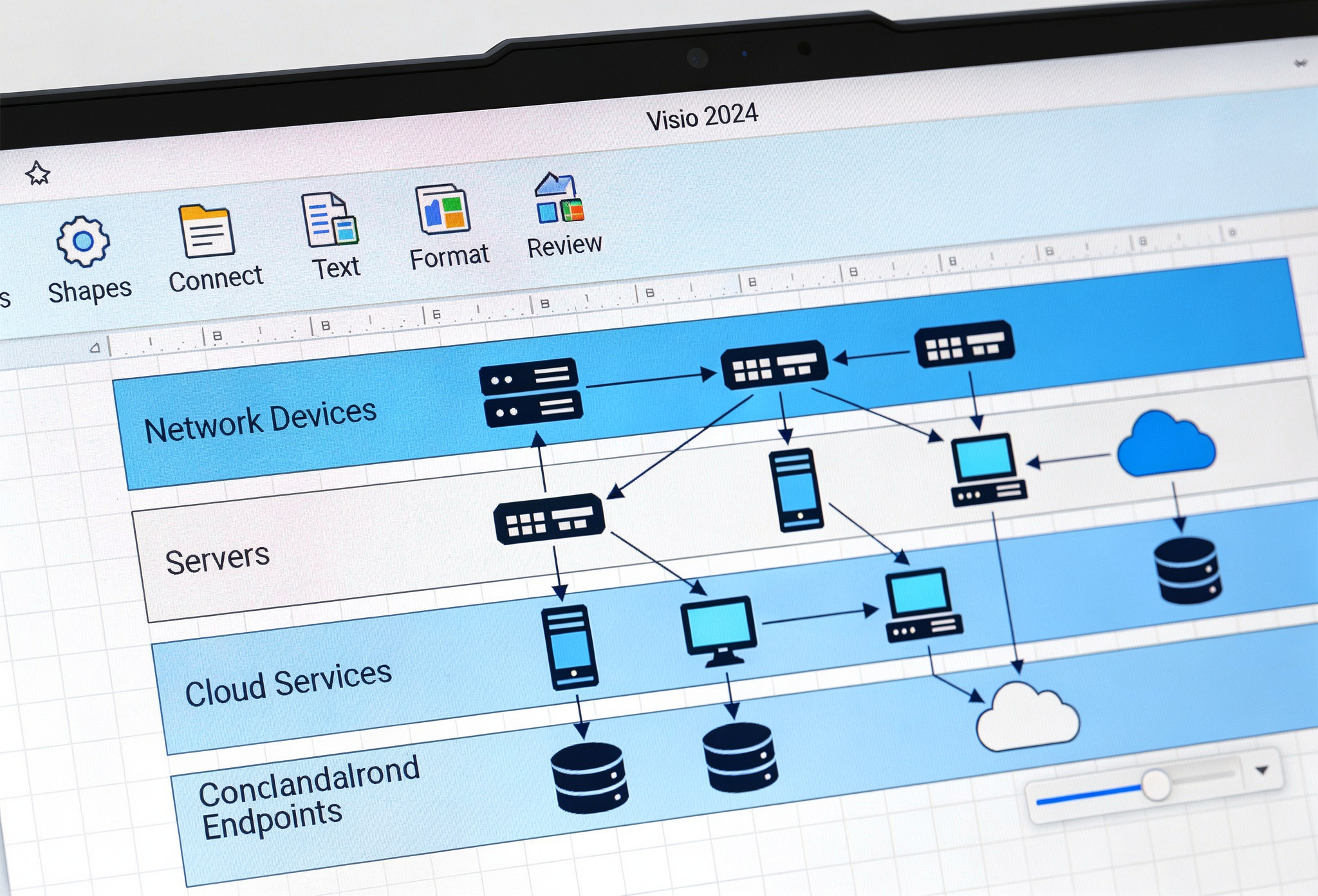 Auf einem Computerbildschirm wird ein Visio 2024-Diagramm angezeigt, das ein Netzwerk mit beschrifteten Abschnitten für Netzwerkgeräte, Server, Cloud-Dienste und Endpunkte darstellt, die durch Pfeile miteinander verbunden sind, wobei oben in der Symbolleiste Symbole zu sehen sind.