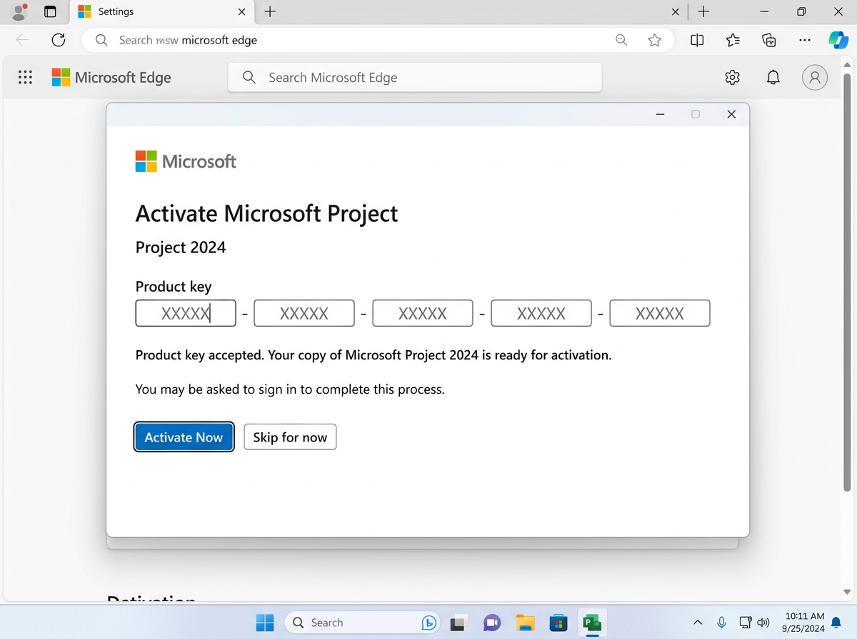 Auf einem Windows-Desktop ist ein Microsoft Project 2024-Aktivierungsfenster geöffnet, das anzeigt, dass der Produktschlüssel akzeptiert wurde, und Schaltflächen zum Aktivieren oder Überspringen anbietet. Die Uhrzeit ist 10:11 AM am 25.9.2024.