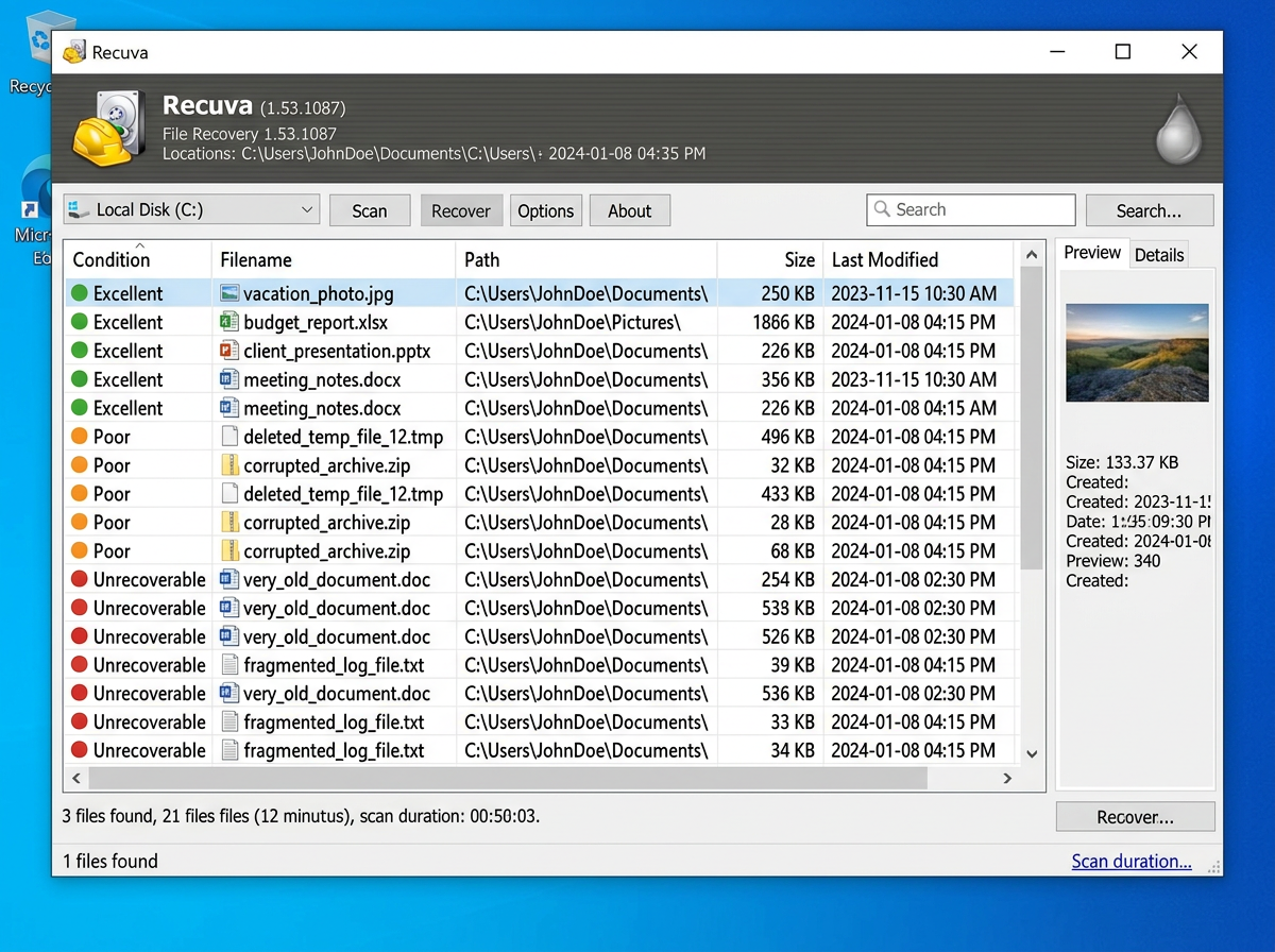 Screenshot der Recuva-Dateiwiederherstellungssoftware mit Anzeige der Scanergebnisse, einschließlich einer Liste der wiederherstellbaren und nicht wiederherstellbaren Dateien mit Dateinamen, Pfad, Größe, Datum der letzten Änderung und Wiederherstellungsstatusanzeige.