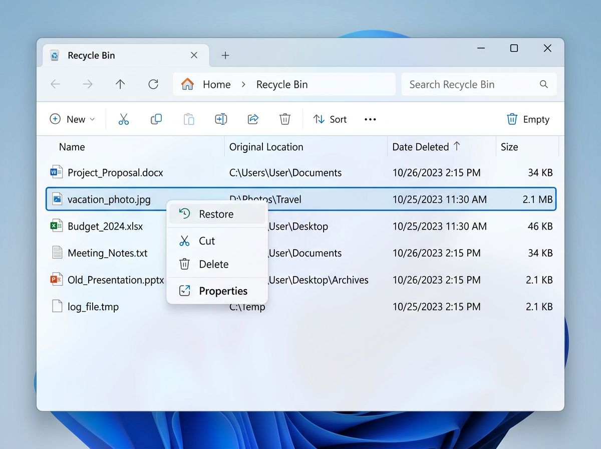 Ein Fenster des Windows-Papierkorbs zeigt eine Liste der gelöschten Dateien an. Die Datei vacation_photo.jpg ist ausgewählt, und ein Kontextmenü mit Optionen ist geöffnet: Wiederherstellen, Ausschneiden, Löschen und Eigenschaften.
