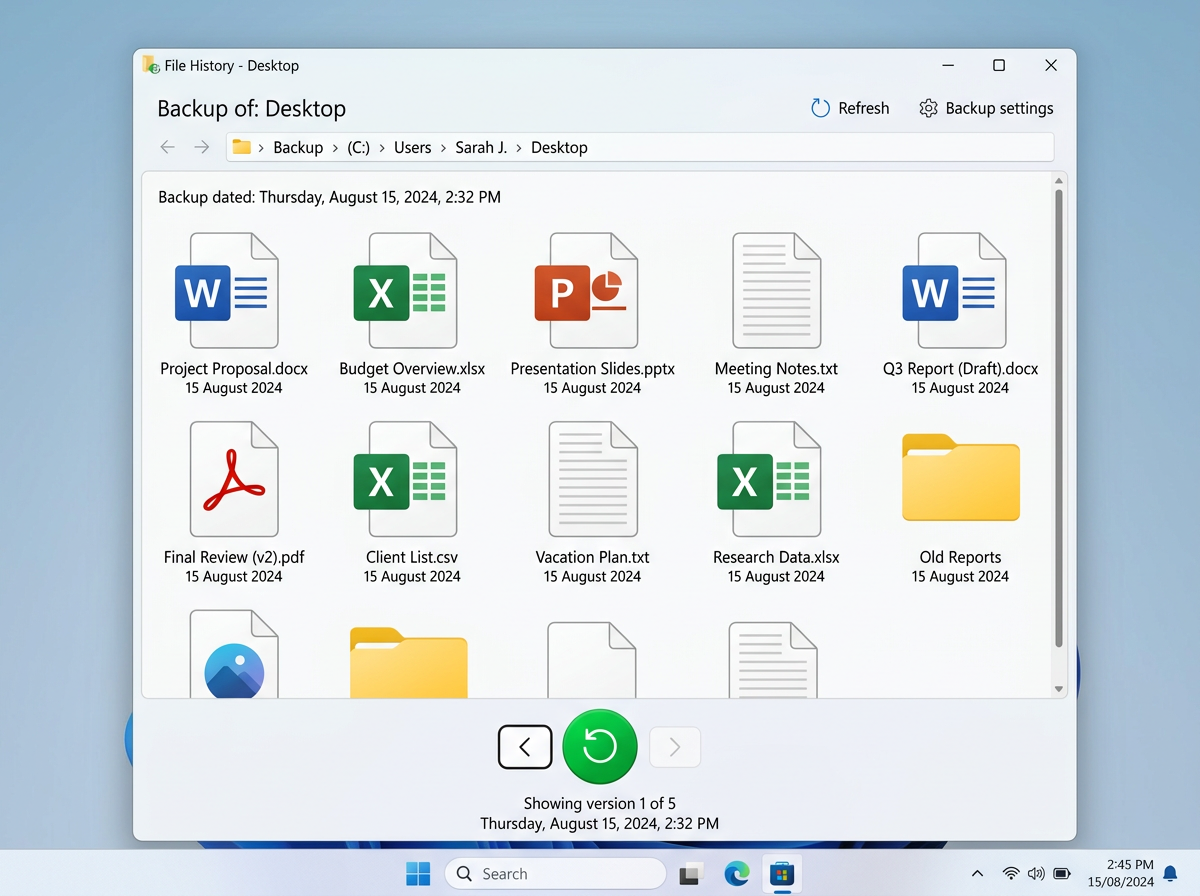 Ein Windows-Dateiverlaufsfenster zeigt eine Sicherungskopie des Desktop-Ordners mit verschiedenen Word-, Excel- und PowerPoint-Dateien mit unterschiedlichen Symbolen und Datumsangaben sowie Navigationsschaltflächen am unteren Rand zur Anzeige der Versionen.