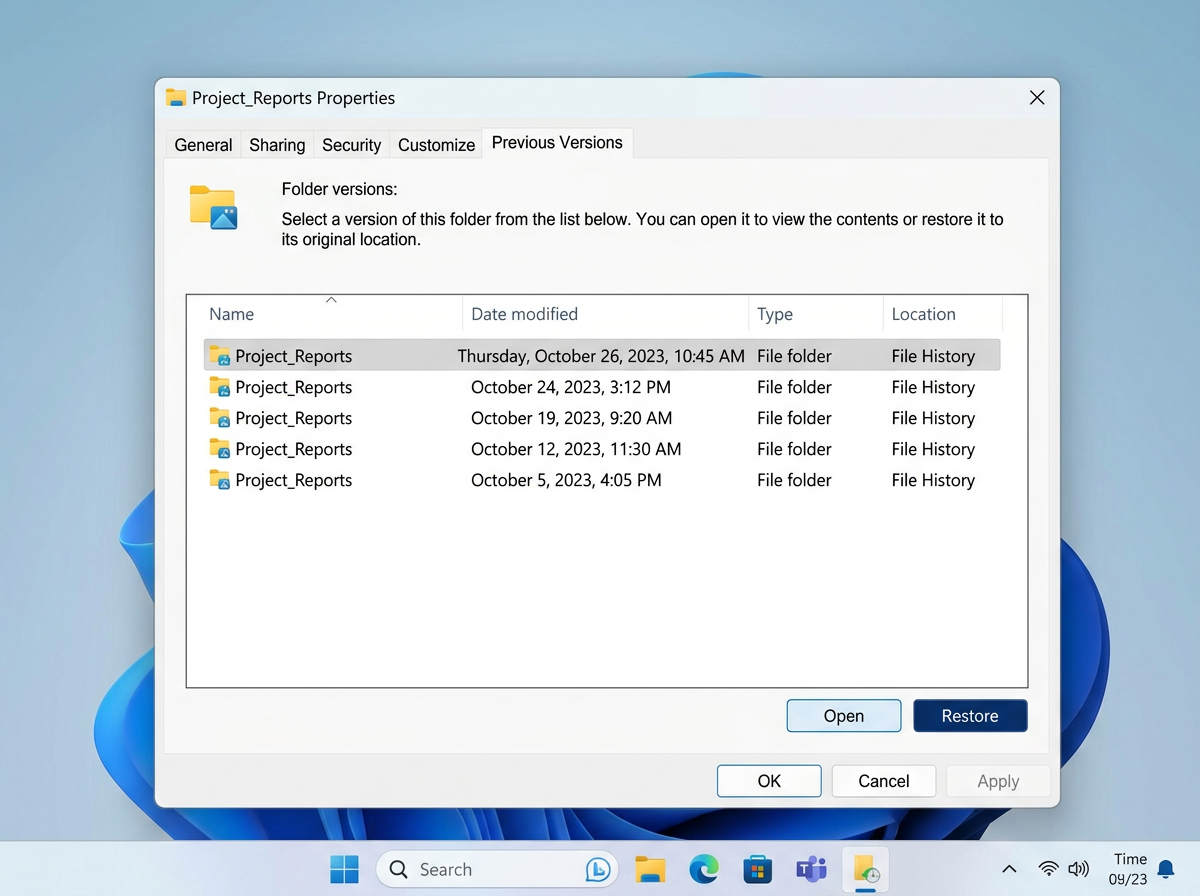 Das Fenster "Eigenschaften von Windows Project_Reports" zeigt die Registerkarte "Vorherige Versionen" mit einer Liste von fünf Ordnerversionen, deren Datum, Uhrzeit, Typ und Speicherort sowie den Optionen "Öffnen" und "Wiederherstellen" am unteren Rand.