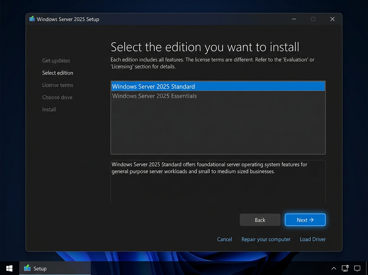 Der Bildschirm "Windows Server 2025 Setup" zeigt die Auswahl der Edition, wobei "Windows Server 2025 Standard" hervorgehoben ist. Die Optionen "Abbrechen", "Computer reparieren", "Treiber laden" oder "Weiter" befinden sich am unteren Rand.