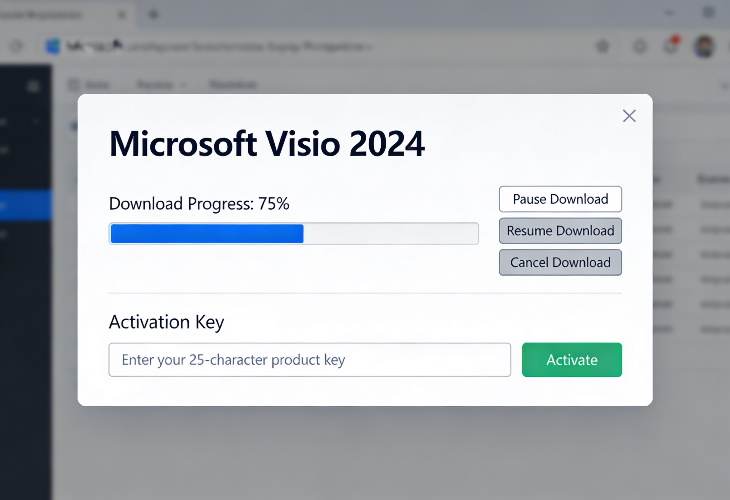 In einem Popup-Fenster wird Microsoft Visio 2024 mit einem Download-Fortschrittsbalken bei 75 % und Schaltflächen zum Anhalten, Fortsetzen und Abbrechen des Downloads angezeigt. Darunter befindet sich ein Feld zur Eingabe eines Aktivierungsschlüssels und eine Schaltfläche Aktivieren.