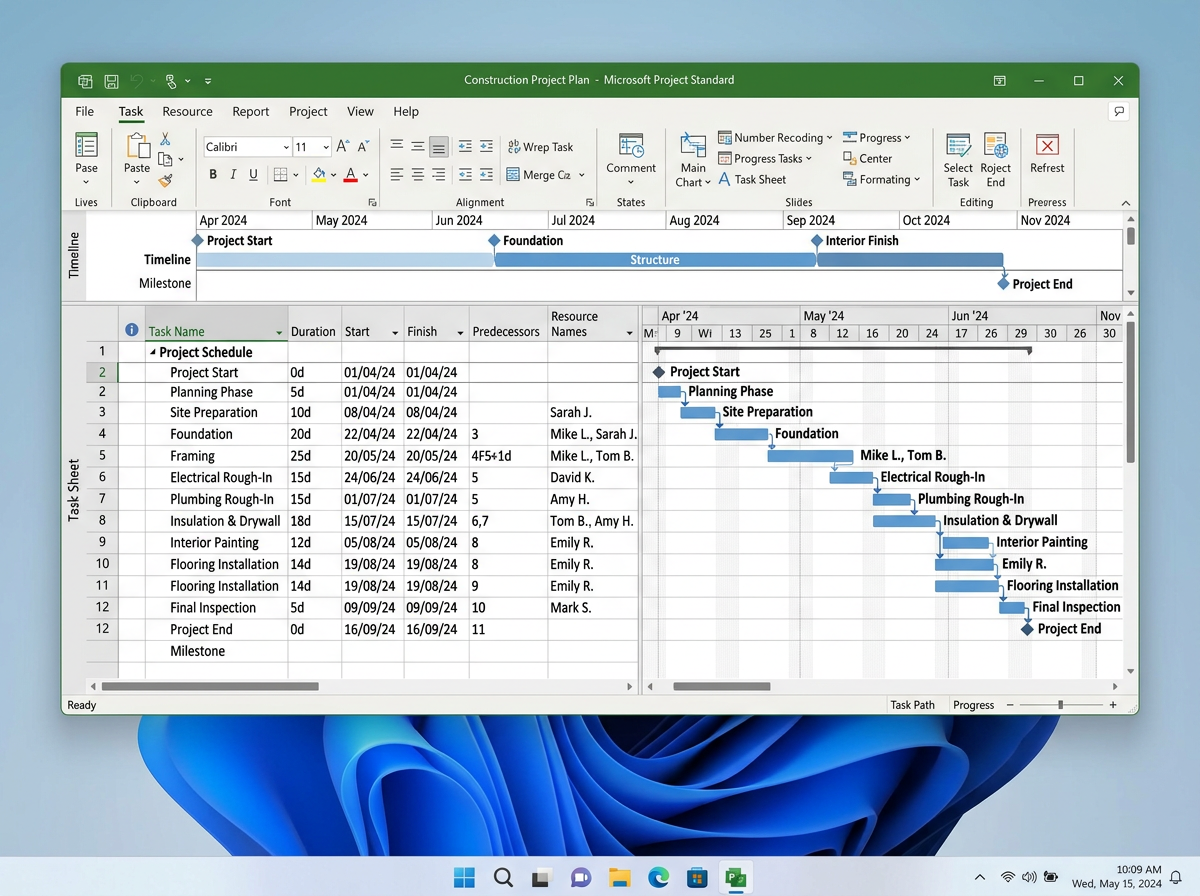 Ein Microsoft Project-Fenster zeigt ein Gantt-Diagramm mit Vorgängen, Zeitplänen und zugewiesenen Namen für ein Bauprojekt mit Meilensteinen und geplanten Aktivitäten von April bis Juni 2024. Die Windows 11-Taskleiste ist am unteren Rand sichtbar.