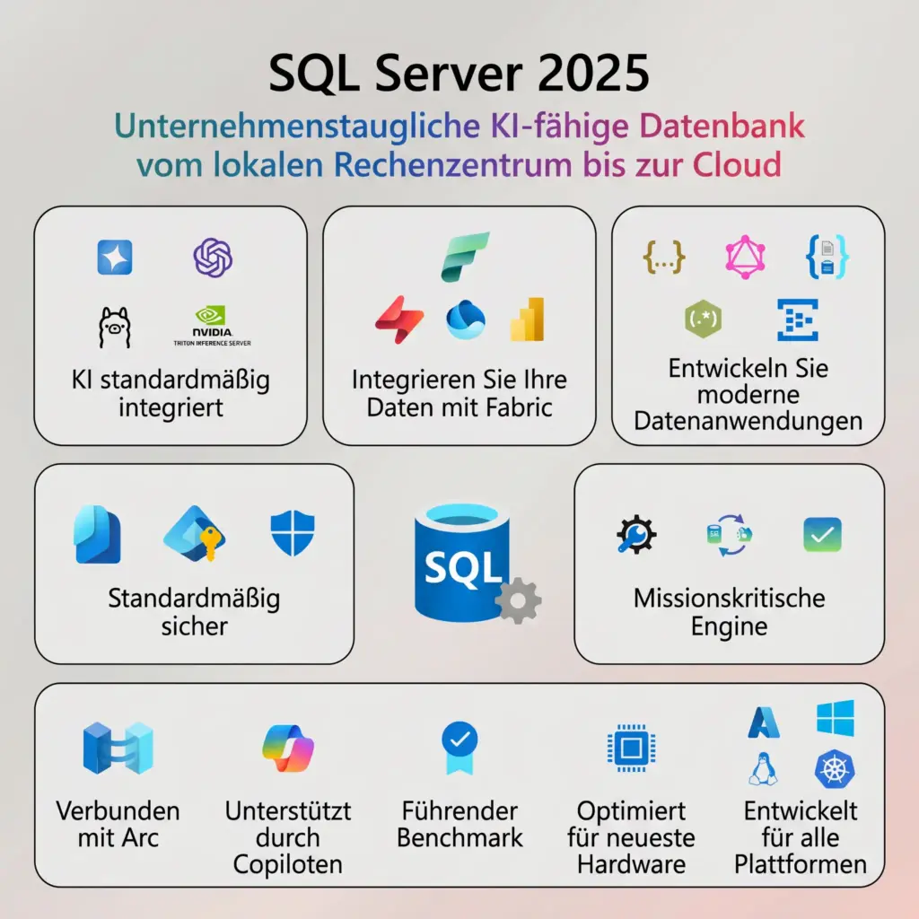 Infografik zu SQL SERVER 2025 STANDARD: Symbole zeigen KI-Integration, Datensicherheit, Cloud-Anbindung, Fabric-Integration, Copiloten-Support und plattformübergreifende Entwicklung.