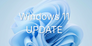 Abstrakter blauer Wirbel-Hintergrund mit fettem weißen Text in der Mitte, der Windows 11 UPDATE lautet.
