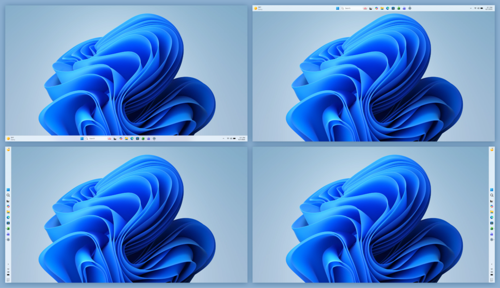 Ein Computerbildschirm ist in vier Abschnitte unterteilt, von denen jeder das blaue abstrakte Hintergrundbild von Windows 11 mit verschiedenen Anordnungen der Taskleiste oben, unten, links und rechts anzeigt.