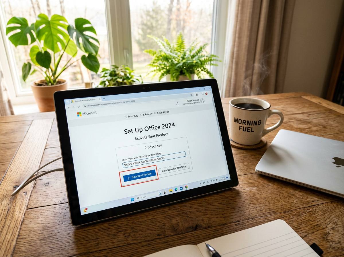 Auf einem Tablet, das auf einem Holztisch liegt, ist der Aktivierungsbildschirm „Office 2024 einrichten“ zu sehen. Daneben stehen eine Kaffeetasse mit der Aufschrift „MORNING FUEL“, ein Laptop, ein Notizbuch und Topfpflanzen am Fenster.