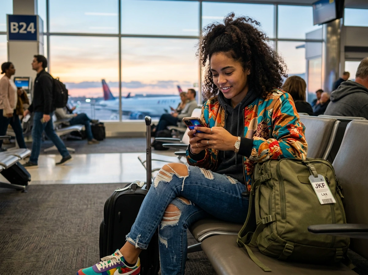 Eine Frau mit lockigem Haar, die eine bunte Jacke und zerrissene Jeans trägt, lächelt in ihr Handy, während sie in einem Flughafenterminal die App „AVG Mobile Ultimate“ nutzt. Ihr grüner Rucksack und ihr Koffer stehen neben ihr, und durch die großen Fenster sind Flugzeuge zu sehen.