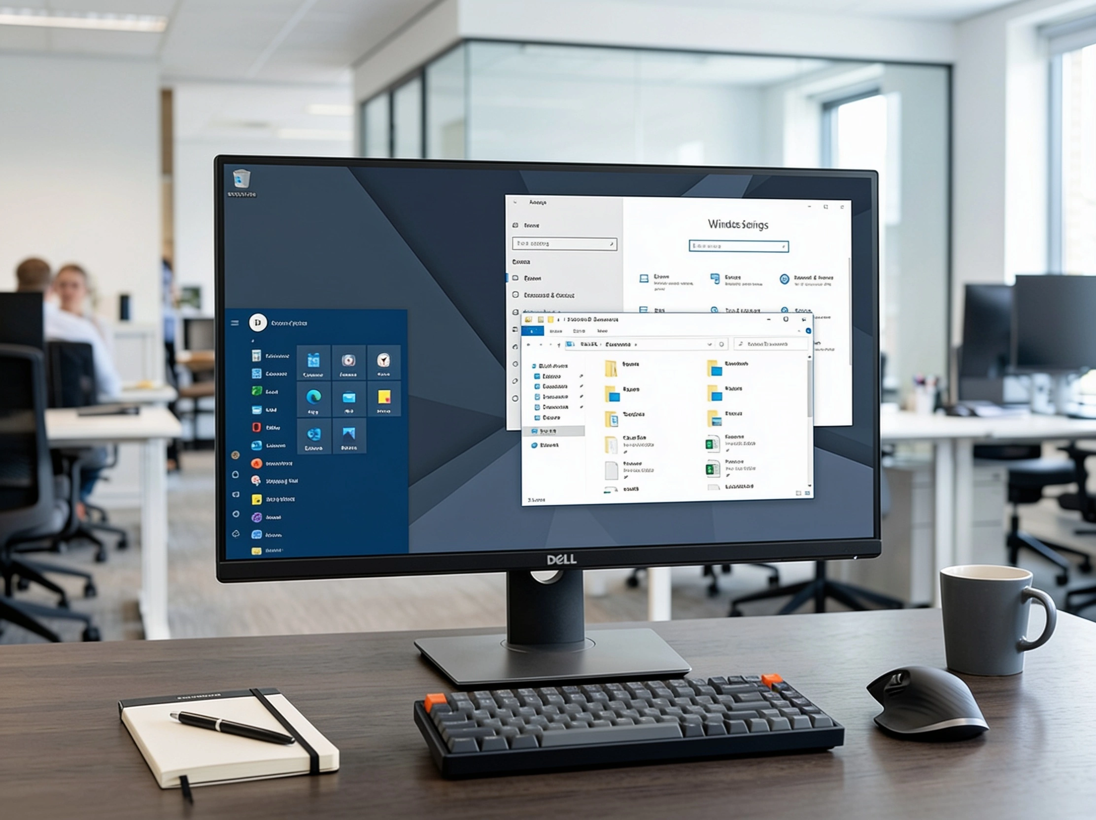 Auf einem Desktop-Computer mit einem Dell-Monitor sind das Startmenü und der Datei-Explorer von Windows 10 IoT Enterprise LTSC 2019 zu sehen. Auf dem Schreibtisch in einem Großraumbüro, im Hintergrund sind Menschen zu sehen, stehen eine Tastatur, eine Maus, eine Tasse und ein Notizbuch.