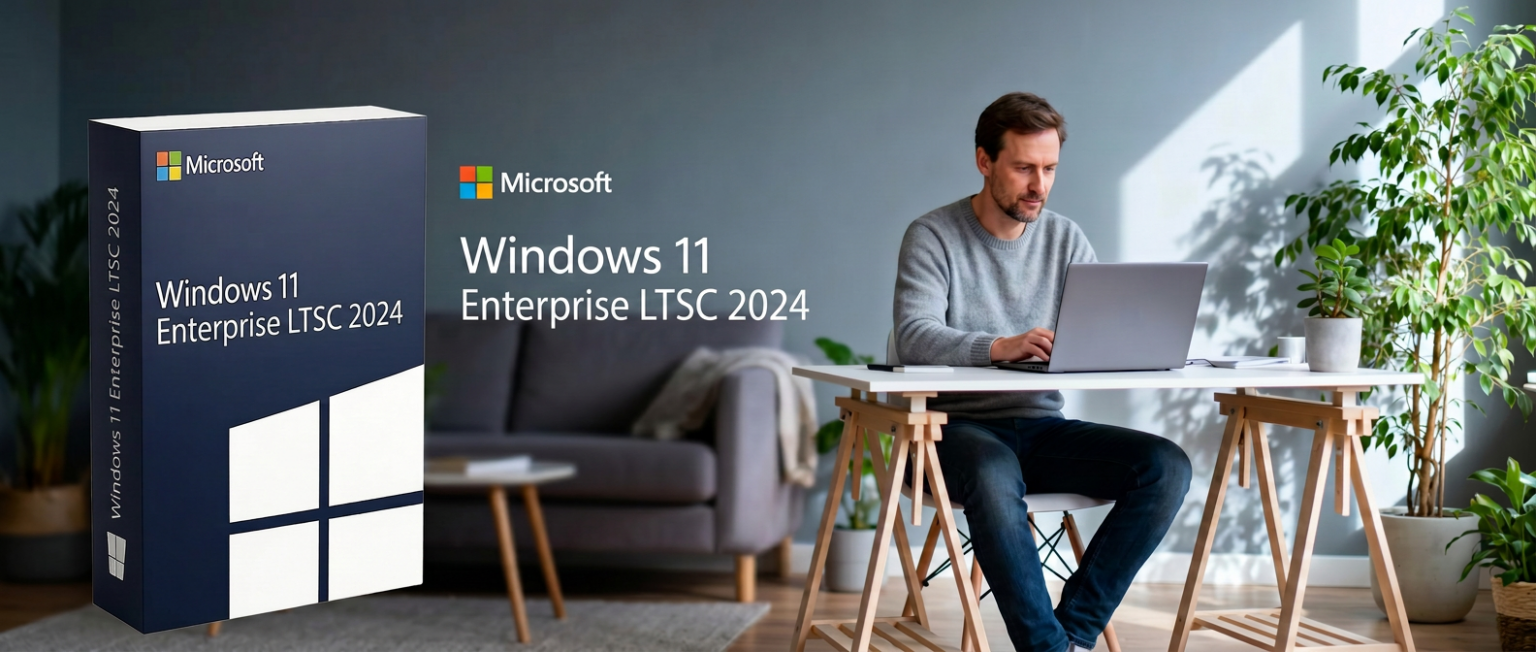 Ein Mann arbeitet mit einem Laptop an seinem Schreibtisch in einem hellen Wohnzimmer. Neben ihm befindet sich eine prominente Windows 11 Enterprise LTSC 2024 Software-Box-Grafik, die die neuesten Funktionen des Produkts vorstellt.