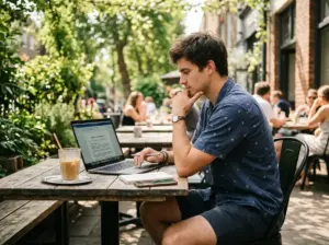 Ein junger Mann sitzt an einem Tisch im Straßencafé und arbeitet an seinem Laptop, neben ihm steht ein Getränk. Er ist konzentriert bei der Sache, hält einen Stift in der Hand und ist im Hintergrund von Grünpflanzen und anderen Menschen umgeben.
