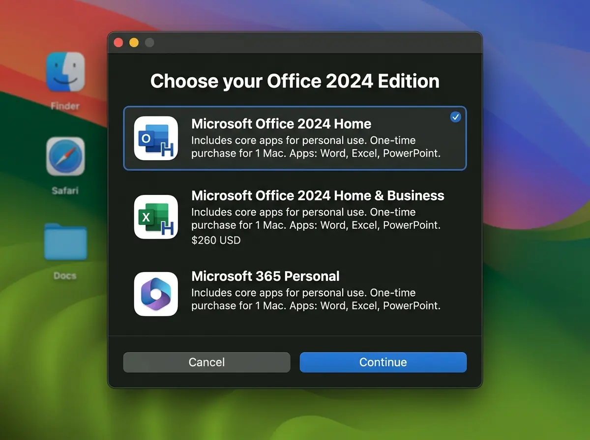 Auf einem Computerbildschirm werden Optionen zur Auswahl zwischen „Microsoft Office 2024 Home“, „Office 2024 Home & Business“ und „Microsoft 365 Personal“ angezeigt, zusammen mit Beschreibungen und Preisen sowie den Schaltflächen „Abbrechen“ und „Weiter“.