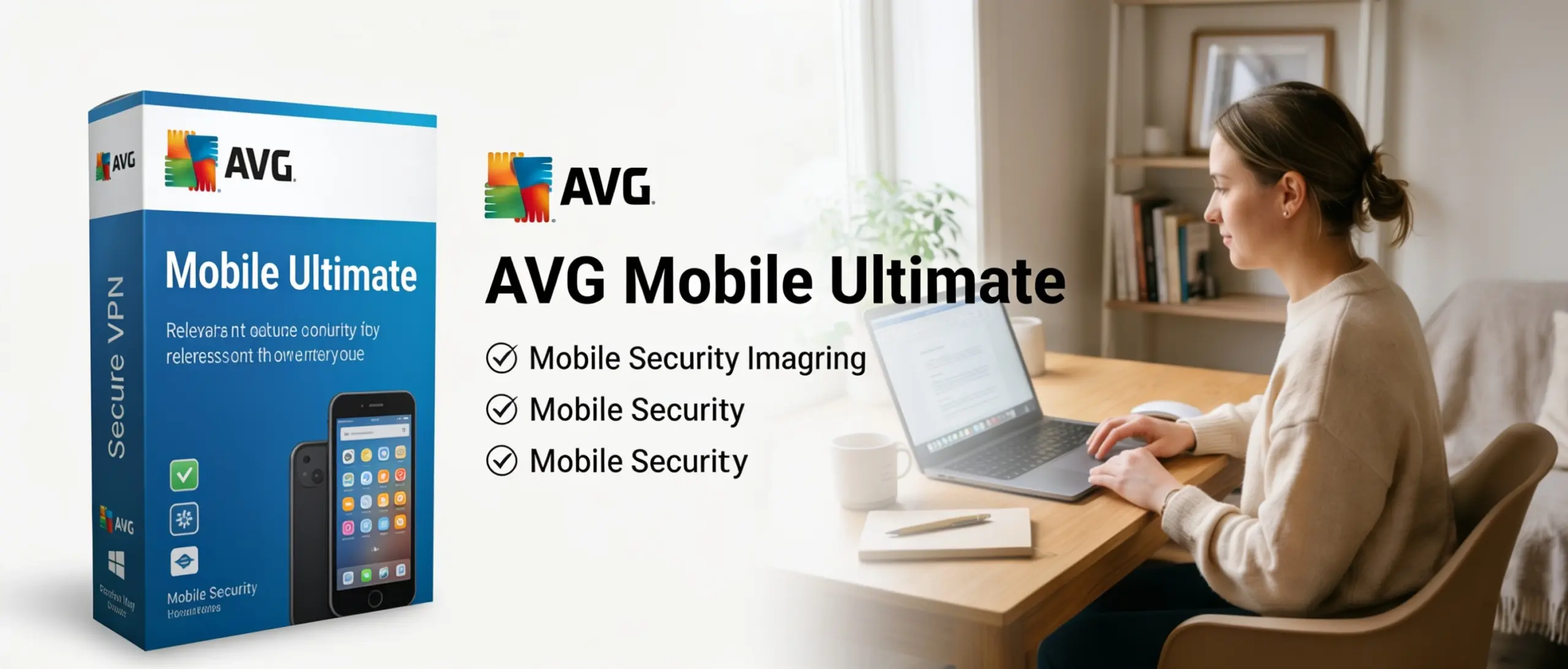 Eine Frau sitzt an einem Schreibtisch und arbeitet an einem Laptop neben einer Anzeige für AVG Mobile Ultimate, auf der die Produktverpackung zu sehen ist und die mobile Sicherheit, ein sicheres VPN sowie erweiterter Schutz hervorgehoben werden.