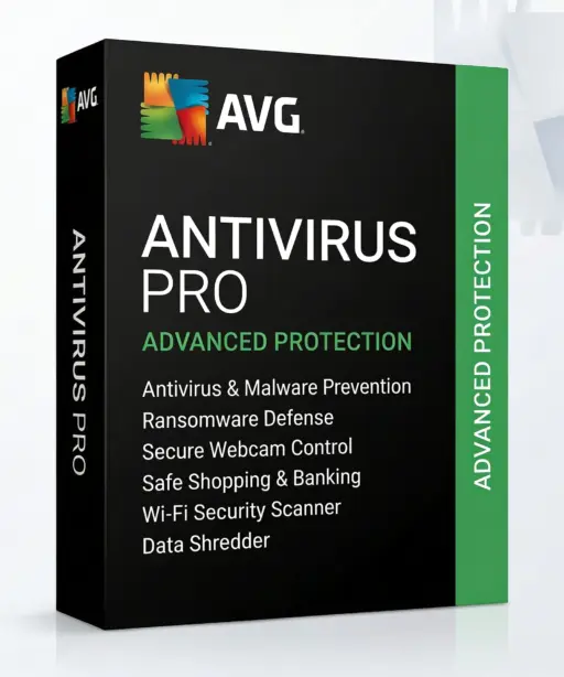 Die AVG AntiVirus Pro-Verkaufsverpackung hebt Funktionen wie Viren- und Malware-Schutz, Ransomware-Schutz, sichere Webcam-Steuerung, sicheres Online-Shopping, WLAN-Sicherheitsscan und einen Datenvernichter hervor.