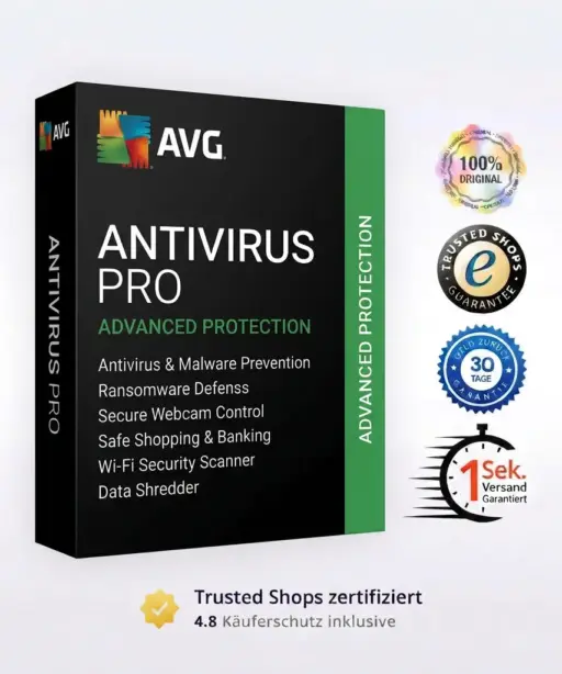 Es ist eine Verpackung von AVG AntiVirus Pro zu sehen, neben der Funktionen wie Malware-Schutz, Ransomware-Schutz, Webcam-Kontrolle und weitere aufgeführt sind. Auf dem Bild sind außerdem Zertifizierungs- und Garantie-Siegel zu erkennen.