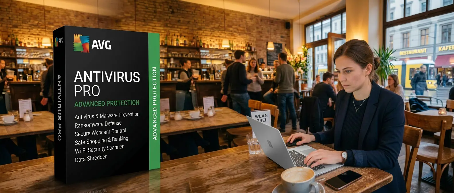 Eine Frau arbeitet an ihrem Laptop in einem gemütlichen Café, neben ihr steht eine Tasse Kaffee. Im Vordergrund ist die Verpackung von „AVG Mobile Ultimate“ zu sehen, auf der die erstklassigen Sicherheitsfunktionen für Mobilgeräte hervorgehoben werden.