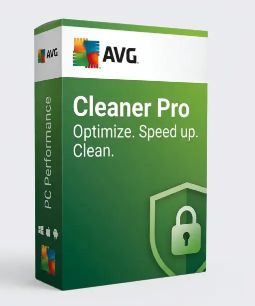 Auf einer grünen Softwareverpackung für AVG Mobile Ultimate sind das AVG-Logo, ein Schild mit einem Vorhängeschloss-Symbol, der Text „Optimieren. Beschleunigen. Bereinigen.“, das Label „PC-Leistung“ sowie Plattform-Symbole abgebildet.