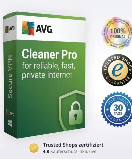Verpackung von AVG Mobile Ultimate mit den Siegeln „100 % Original“, „Trusted Shops-Garantie“ und „30 Tage Geld-zurück-Garantie“. Genießen Sie schnelles, privates Internet und ein sicheres VPN. Trusted Shops-Bewertung: 4,8.