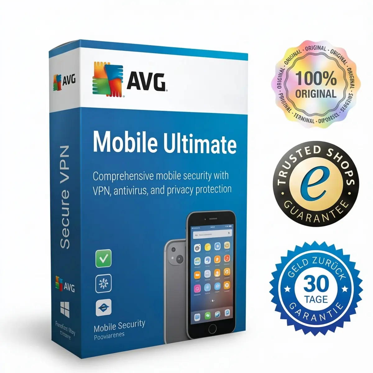 Verpackung von AVG Mobile Ultimate mit Symbolen für VPN, Virenschutz und Datenschutz. Daneben befinden sich die Gütesiegel: „100 % Original“, „Trusted Shops-Garantie“ und „30 Tage Geld-zurück-Garantie“. Schützen Sie Ihre Geräte mit AVG Mobile Ultimate.