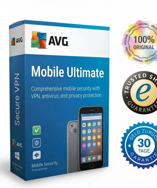Verpackung von AVG Mobile Ultimate mit Symbolen für VPN, Virenschutz und Datenschutz. Daneben befinden sich die Gütesiegel: „100 % Original“, „Trusted Shops-Garantie“ und „30 Tage Geld-zurück-Garantie“. Schützen Sie Ihre Geräte mit AVG Mobile Ultimate.