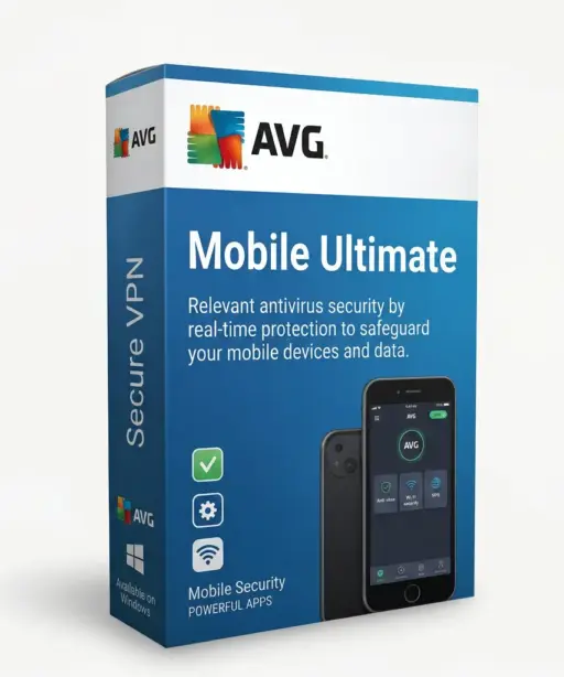 Auf der Vorderseite der Verpackung von „AVG Mobile Ultimate“ sind das Markenlogo, ein Smartphone mit der App sowie Textelemente zu sehen, die die Antivirensicherheit, den Echtzeitschutz und die mobile Sicherheit hervorheben. Das blau-weiße Design zeichnet sich durch klare Sicherheitssymbole und die wichtigsten Funktionen aus.