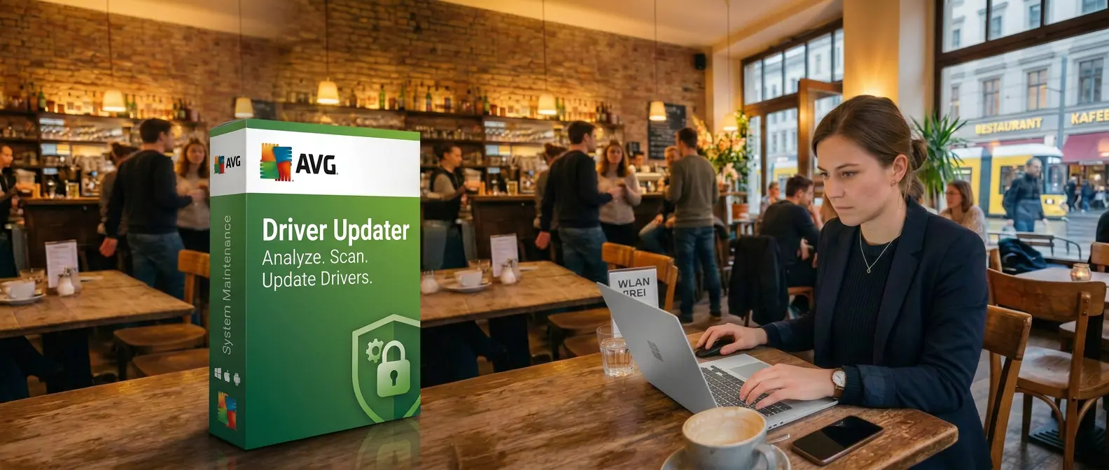 Eine Frau arbeitet an einem Café-Tisch mit einer Tasse Kaffee an ihrem Laptop, während im Vordergrund eine große Verpackung der Software „AVG AntiTrack (Kopie)“ zu sehen ist. Das gemütliche, belebte Café ist mit anderen Gästen gefüllt.