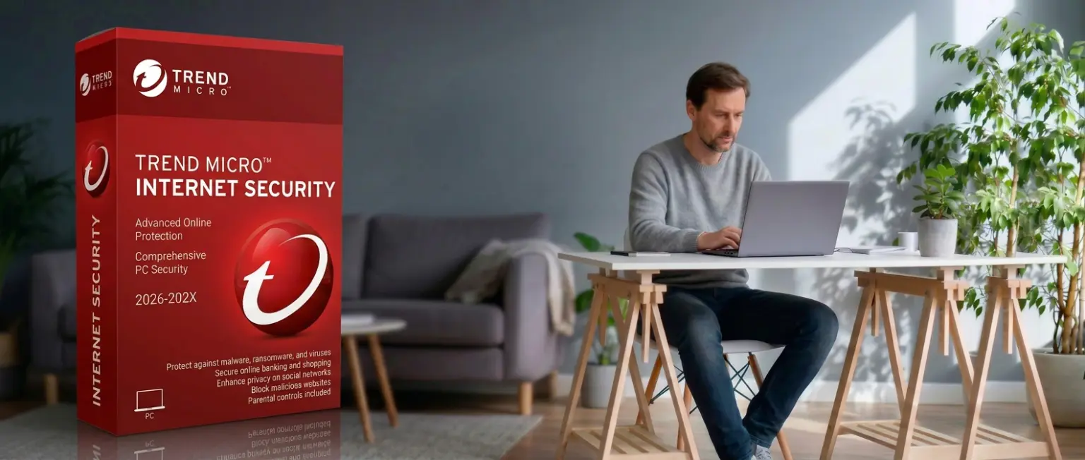 Ein Mann arbeitet an seinem Laptop an einem modernen, mit Pflanzen geschmückten Schreibtisch in einem hellen Wohnzimmer. Im Vordergrund steht eine Verpackung von „Trend Micro Internet Security“, die sein Engagement für sicheres Surfen unterstreicht.