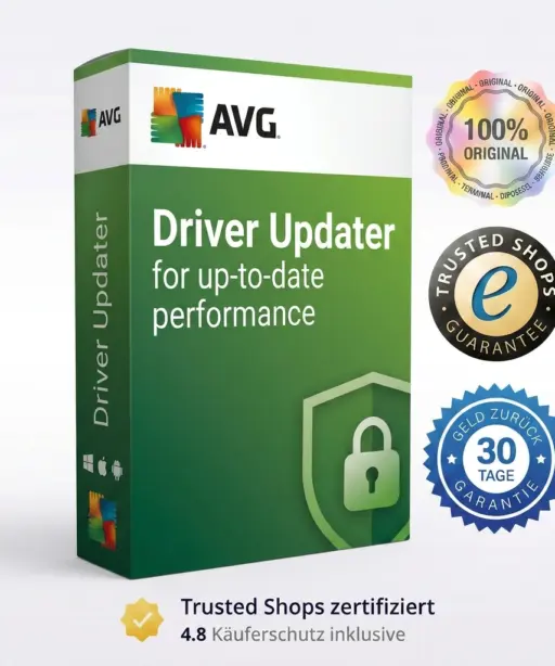 Auf einer grünen Verkaufsverpackung der Software „AVG AntiTrack (Kopie)“ sind folgende Sicherheitssiegel abgebildet: „100 % Original“, „Trusted Shop-Garantie“, „30 Tage Geld-zurück-Garantie“ sowie eine Bewertung von 4,8 und Käuferschutz.