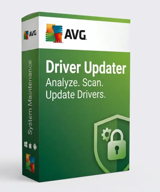 Eine grüne Softwareverpackung für AVG AntiTrack (Kopie) mit der Aufschrift „Analysieren. Scannen. Treiber aktualisieren.“ sowie einem Vorhängeschloss- und Zahnrad-Symbol hebt dieses Systemtool hervor – ideal zur Steigerung der Geräteleistung und zum Schutz der Privatsphäre.