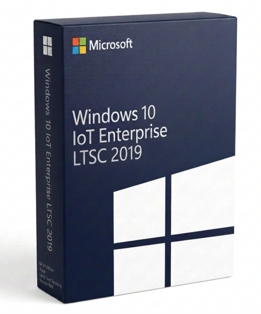 Eine Verkaufsverpackung von Windows 10 IoT Enterprise LTSC 2019, auf der der Produktname und ein großes weißes Windows-Logo auf dunkelblauem Hintergrund abgebildet sind.