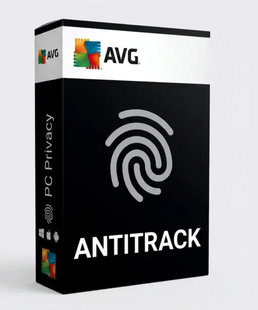 Auf der Produktverpackung von AVG AntiTrack (Kopie) sind ein großes Fingerabdruck-Symbol, das AVG-Logo sowie die Schriftzüge „PC Privacy“ und „ANTITRACK“ vor einem eleganten schwarz-weißen Hintergrund abgebildet.