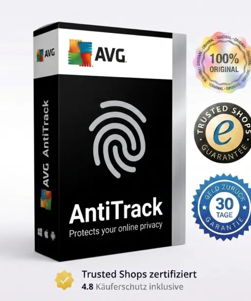 Verpackung der Software „AVG AntiTrack“ (Kopie) mit einem Fingerabdruck-Symbol und dem Schriftzug „Schützt Ihre Privatsphäre im Internet“. Auf den Siegeln steht: „100 % Original“, „Trusted Shops-Garantie“ und „30 Tage Geld-zurück-Garantie“.