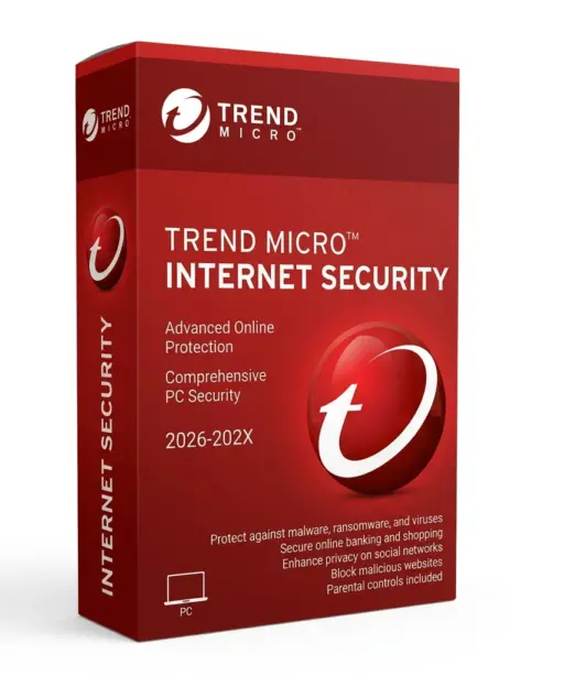 Auf einer roten Verpackung von „Trend Micro Internet Security“ sind das Logo sowie Funktionen wie erweiterter Online-Schutz, PC-Sicherheit, Viren- und Datenschutz sowie Kindersicherung abgebildet.