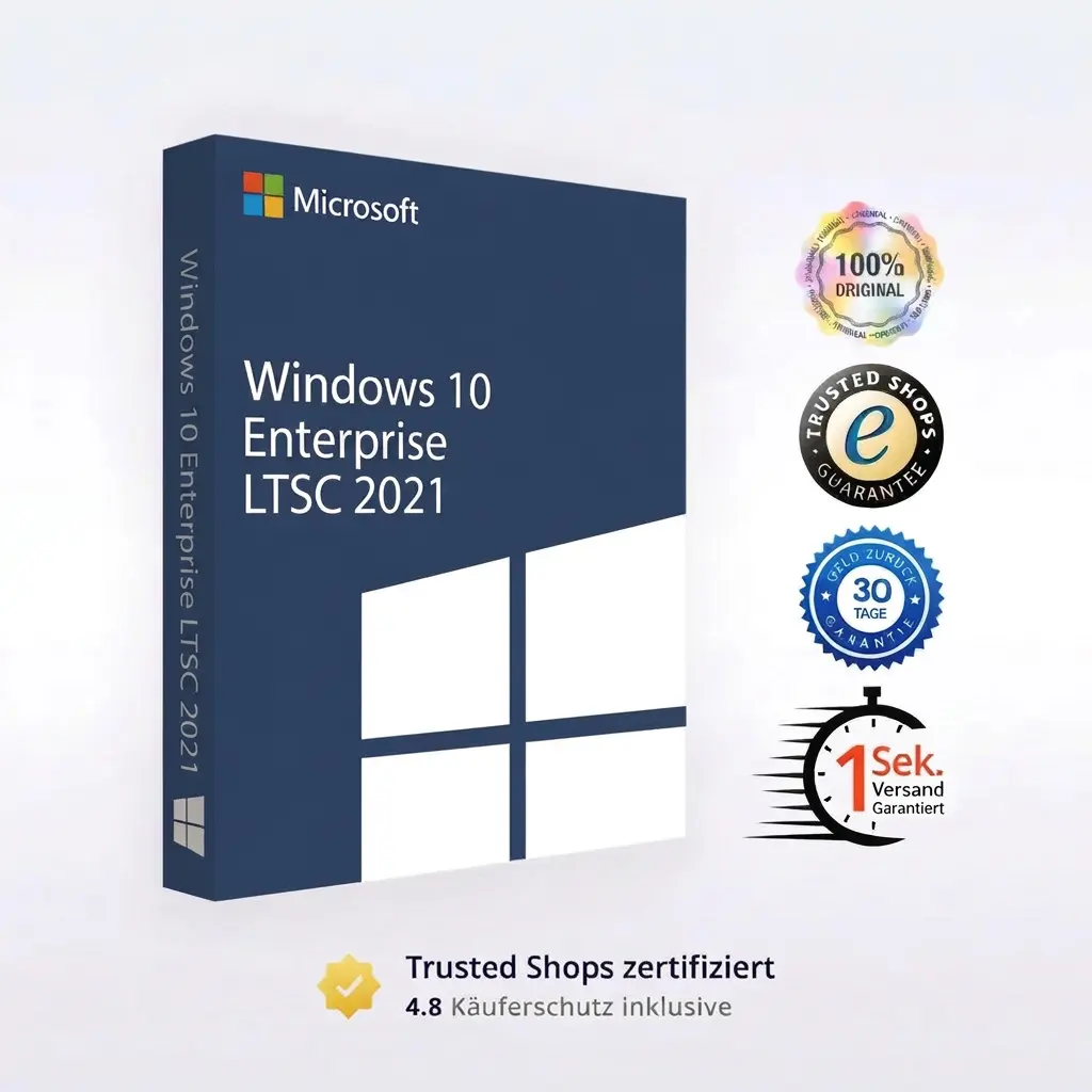 Ein digitales Bild der Verpackung von Windows 10 Enterprise LTSC 2021 mit Zertifizierungssiegeln, einem Hinweis auf Windows 10 IoT Enterprise LTSC 2019 sowie Garantien wie „100 % Original“, „Trusted Shops“, einfache Rückgabe und schneller Versand.