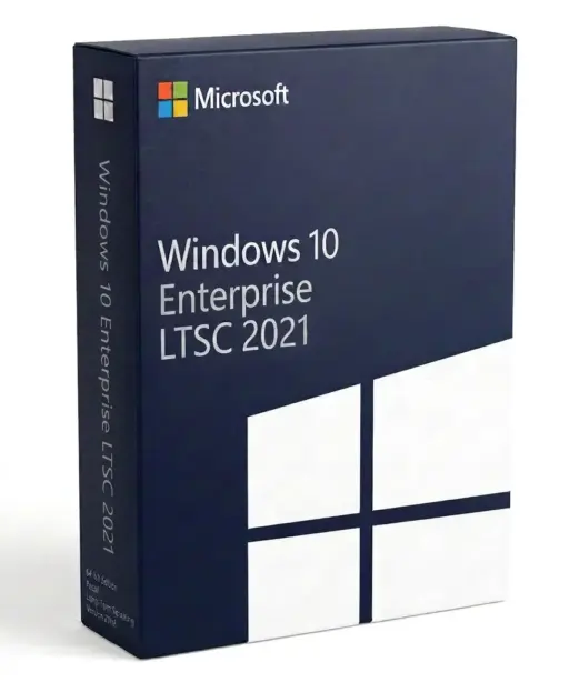 Eine Verkaufsverpackung von Windows 10 Enterprise LTSC 2021, auf der das Windows-Logo und das Microsoft-Branding auf dunkelblauem Hintergrund mit weißen Akzenten zu sehen sind, ähnelt dem Design der früheren Verpackung von Windows 10 IoT Enterprise LTSC 2019.