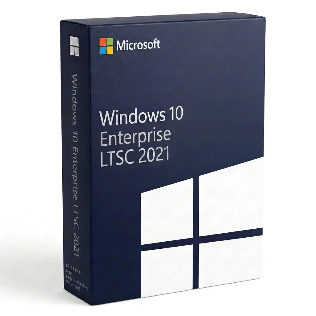 Eine Verkaufsverpackung von Windows 10 Enterprise LTSC 2021, auf der das Windows-Logo und das Microsoft-Branding auf dunkelblauem Hintergrund mit weißen Akzenten zu sehen sind, ähnelt dem Design der früheren Verpackung von Windows 10 IoT Enterprise LTSC 2019.