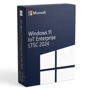 In einem dunkelblauen Feld sind das Microsoft-Logo und der Schriftzug „Windows 11 IoT Enterprise LTSC 2024“ zu sehen, ergänzt durch ein weißes geometrisches Windows-Design, das das Branding von Windows 11 IoT Enterprise hervorhebt.