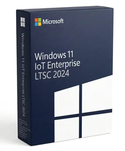 In einem dunkelblauen Feld sind das Microsoft-Logo und der Schriftzug „Windows 11 IoT Enterprise LTSC 2024“ zu sehen, ergänzt durch ein weißes geometrisches Windows-Design, das das Branding von Windows 11 IoT Enterprise hervorhebt.