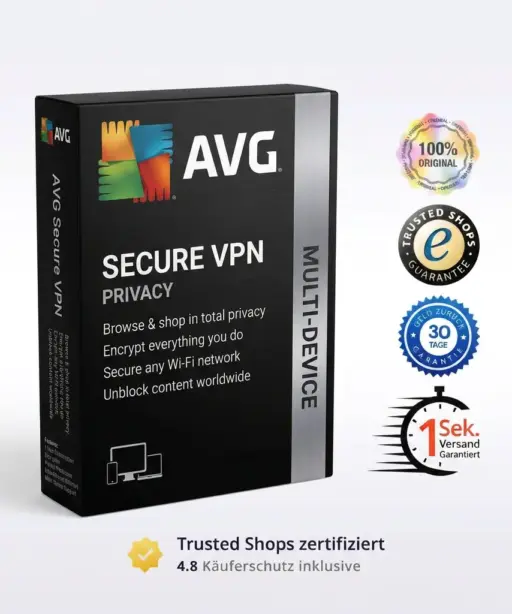 AVG Secure VPN-Verpackung für mehrere Geräte mit AVG Secure VPN-Logo sowie Symbolen für 100 % Originalprodukt, sicheres Einkaufen, 30-tägiges Rückgaberecht, Versand innerhalb von 1 Sekunde und einer Trusted Shops-Bewertung von 4,8 Sternen.