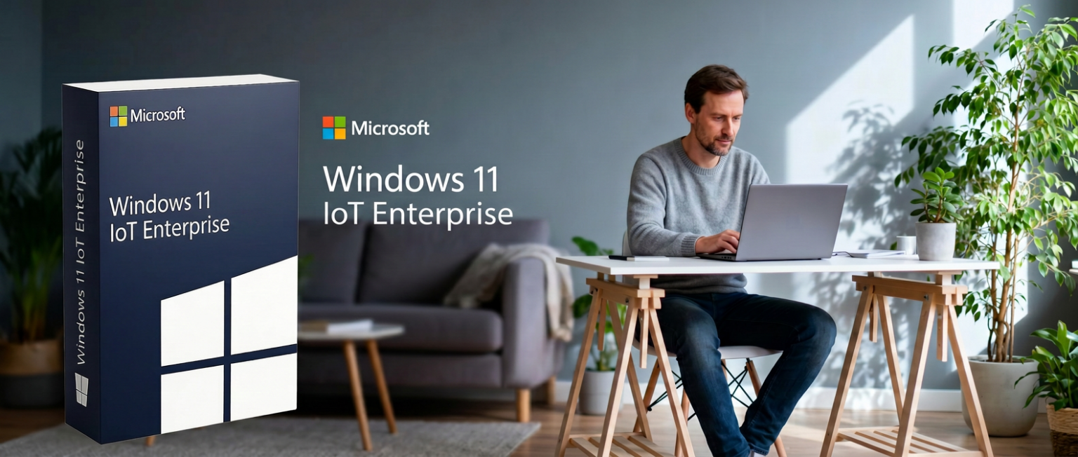 Ein Mann arbeitet an seinem Schreibtisch in einem hellen, modernen Wohnzimmer an einem Laptop; neben ihm steht ein Microsoft Windows 11 IoT Enterprise-Gerät, das seine fortschrittlichen Funktionen für vernetzte Geräte demonstriert.
