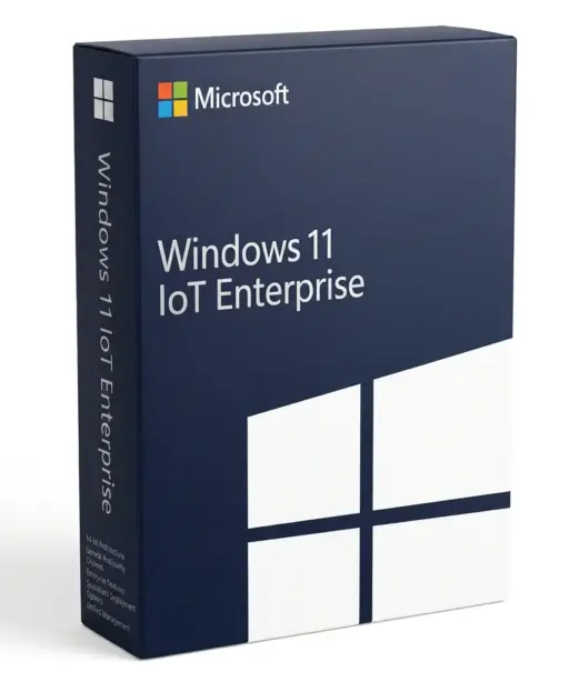 Eine Einzelhandelsverpackung für Microsoft Windows 11 IoT Enterprise mit einem dunkelblauen Design, das das Microsoft-Logo, den Produktnamen und ein stilisiertes weißes Windows-Logo auf der Vorderseite und der Seite zeigt.