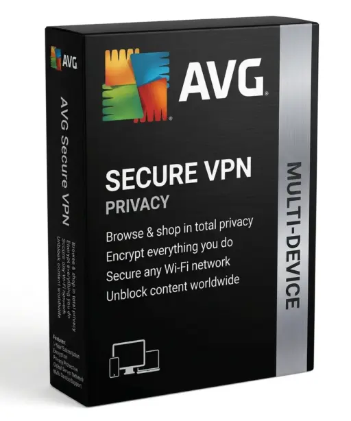 Ein schwarzes Feld für AVG Secure VPN zeigt das AVG-Logo und hebt Funktionen wie Datenschutz, Verschlüsselung, Kompatibilität mit mehreren Geräten und Zugriff auf weltweite Inhalte hervor.