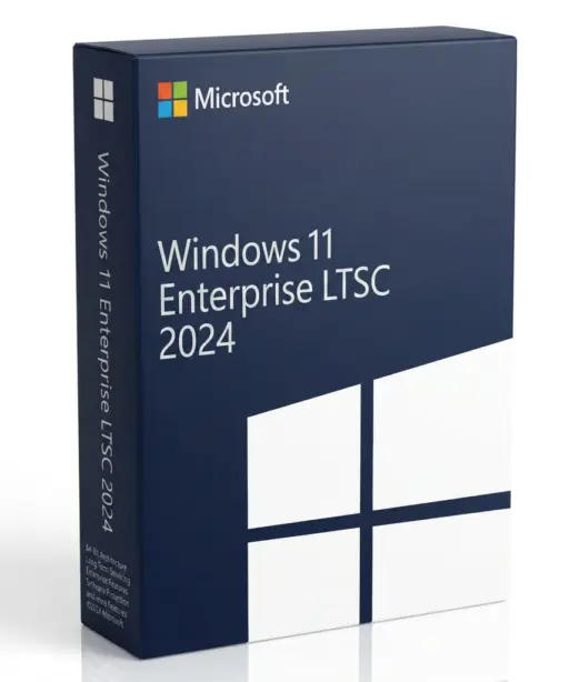 Eine Verkaufsverpackung für Windows 11 Enterprise LTSC 2024 zeigt den Produktnamen und das Windows-Logo auf einem modernen blauen Hintergrund.