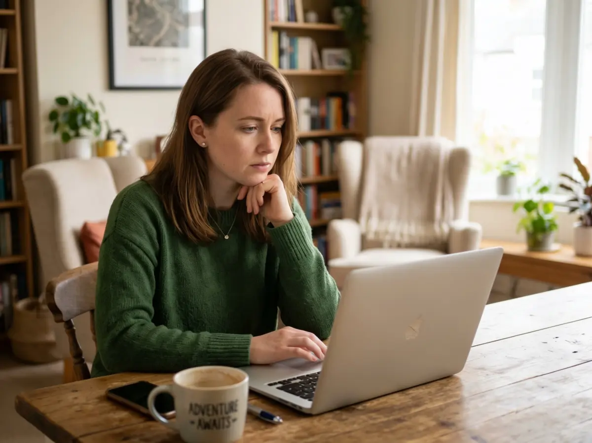 Eine Frau in einem grünen Pullover sitzt an einem Holztisch und arbeitet an ihrem Laptop, auf dem AVG AntiTrack (Kopie) läuft. Daneben stehen eine Kaffeetasse, ein Handy und ein Stift. Der gemütliche, sonnendurchflutete Raum ist mit Bücherregalen, einem Sessel und Zimmerpflanzen im Hintergrund ausgestattet.
